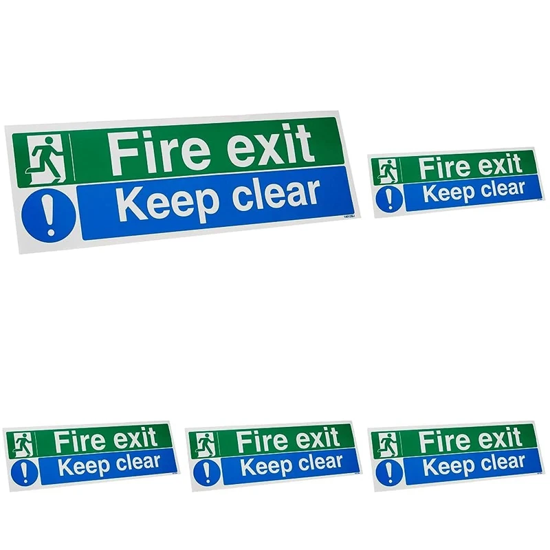 VSafety Fire Exit/Keep Clear Sign - Landscape - 450mm x 150mm - Self Adhesive Vinyl (Pack of 5)