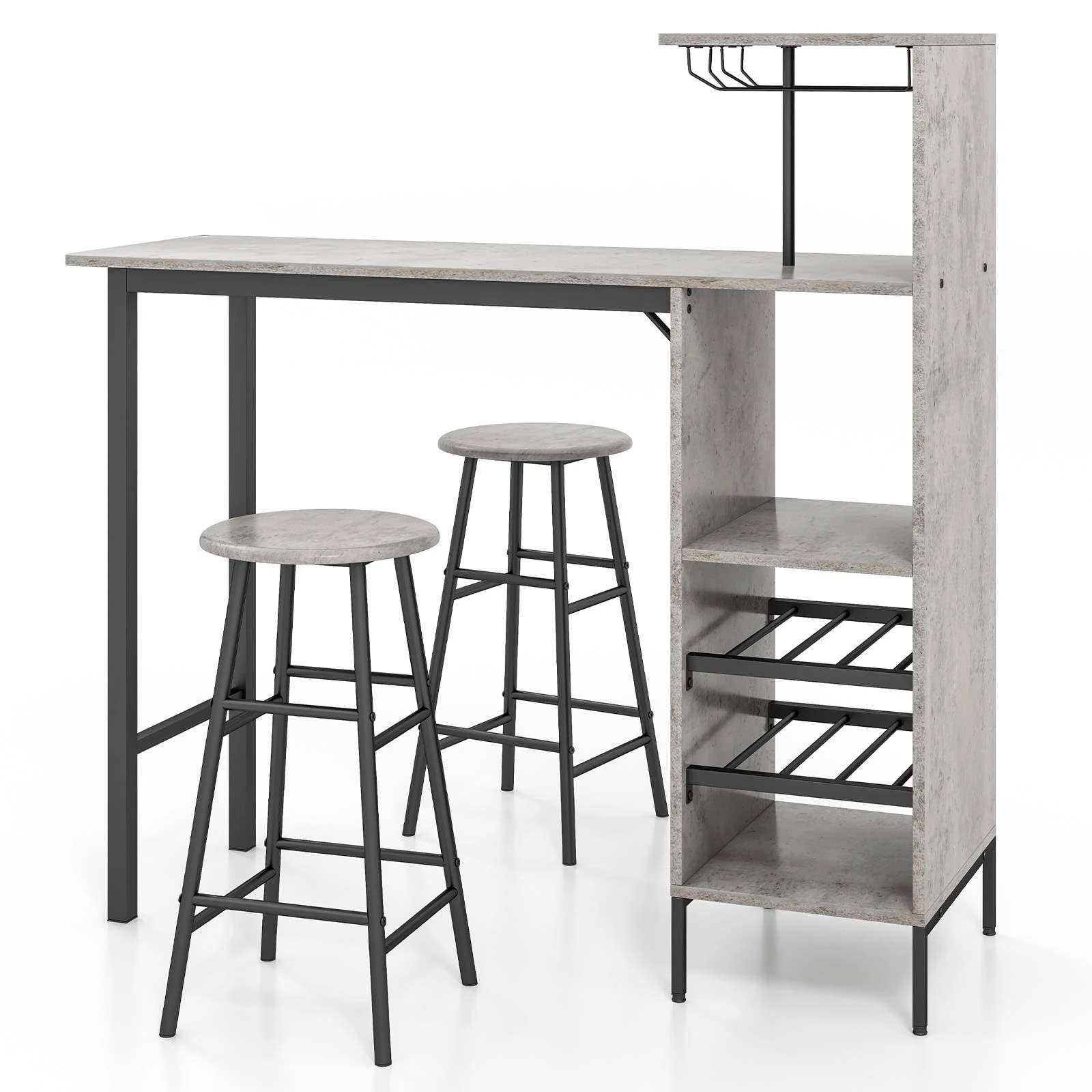 GiantexUK 3PCS Bar Table Set, Industrial Counter Height Dining Table and 2 Stools with Open Shelves, Cup Holder and Wine Rack, Kitchen Breakfast Table Furniture for Home Dining Room Pub (Grey)