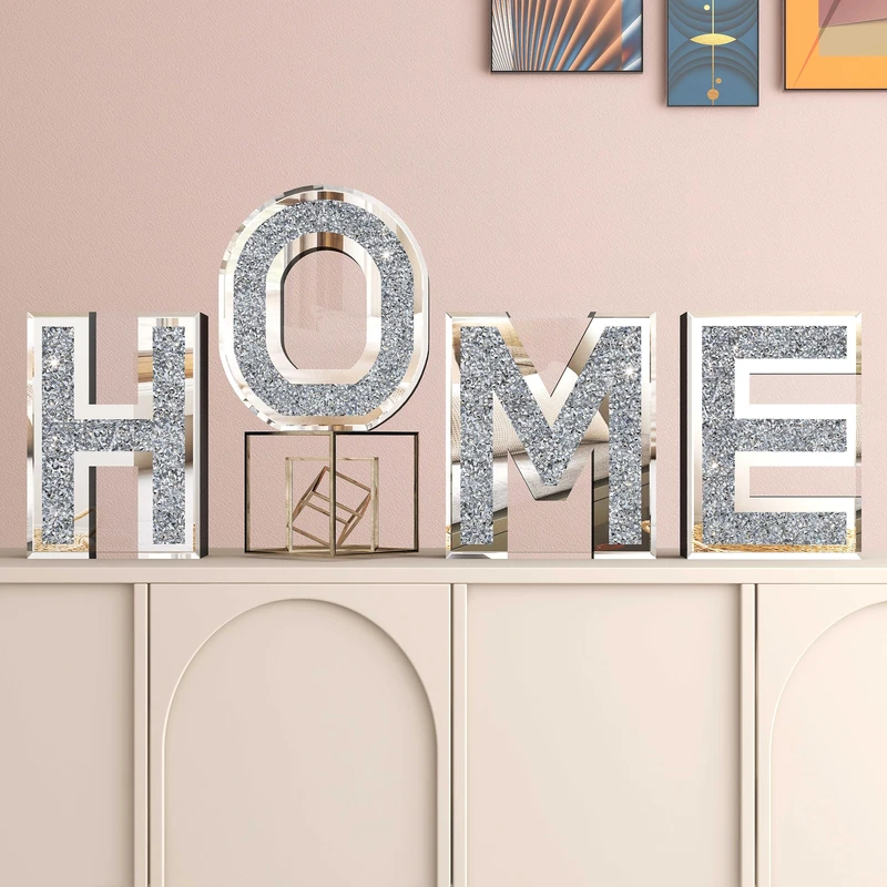 SHYFOY Home Letter Sign Living Room Decor, Mirrored Home Decoration for Tabletop & Wall-Mount, Crystal Diamond Decorative Wall Mirrors Set for Wedding Centerpiece, Independent (4 PCS)