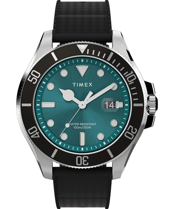 Timex Trend Herren-Armbanduhr, 43 mm, schwarzes, zweiteiliges, synthetisches Kautschukarmband mit Schnellverschluss, grünes Zifferblatt, silberfarbenes Gehäuse TW2V91700