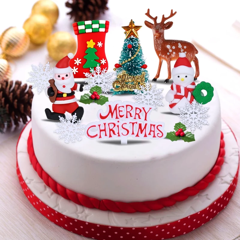 Christmas Cake Toppers, 13Pcs Xmas Cake Decorations Santa Snowman Elk Christmas Tree snowflake for Merry Christmas Cake Cupcake DIY Decoration