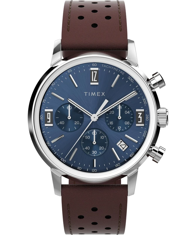 Timex Men's Marlin Chronograph 40 mm Watch - Brown Leather Two-Piece Quick Release Strap Blue Dial Stainless Steel Case TW2W10200