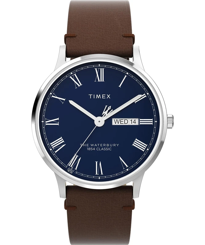 Timex Men's Waterbury 40 mm Watch - Brown Leather Two-Piece Quick Release Strap Blue Dial Stainless Steel Case TW2W14900