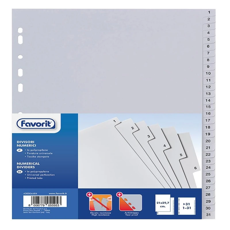Favorit Box of 15 Universal Punched Dividers for Ring Binders with 31 Numeric Notches (1 to 31), Internal Size A4, Polypropylene (Non-Toxic Plastic Material)