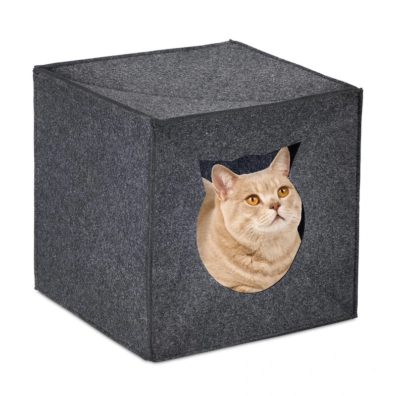 Relaxdays Pet Cave Felt, Cat Box for Shelf, Square, HWD: 33 x 33 x 33 cm, Foldable, Kitties & Small Dogs, Anthracite, 33 x 33 cm