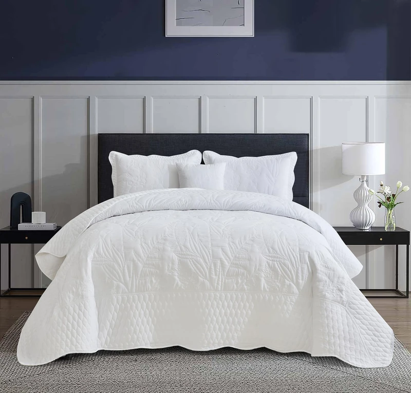 DaisyHuang Botanical Bedspread Full Size - Leaves Pattern Stitching Quilt Set - Elegant & Fresh Style Bedding Coverlets, Reversible, Lightweight, 5 Piece, White