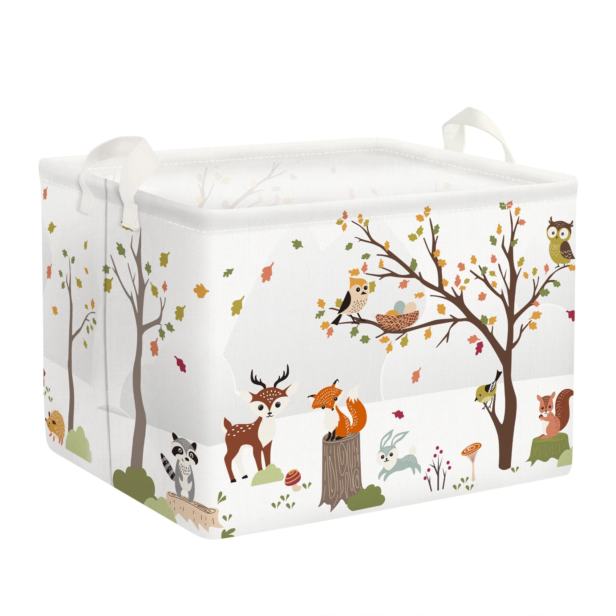 Clastyle White Jungle Animals Boys Girls Toy Box for Kids Room Deer Fox Rabbit Tree Clothes Books Baby Storage Basket, 36L