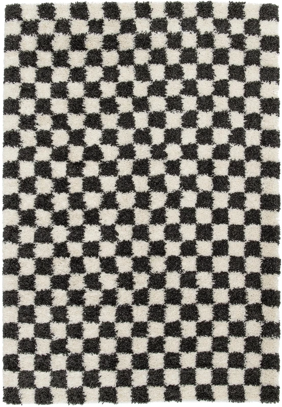 Shaggy Checkerboard Pattern Rug, Rectangular Rug for the Living Room - Bedroom, Soft and Comfortable, Easy Care, Pile Height 30 mm, Polypropylene, 160 x 230 cm, Black