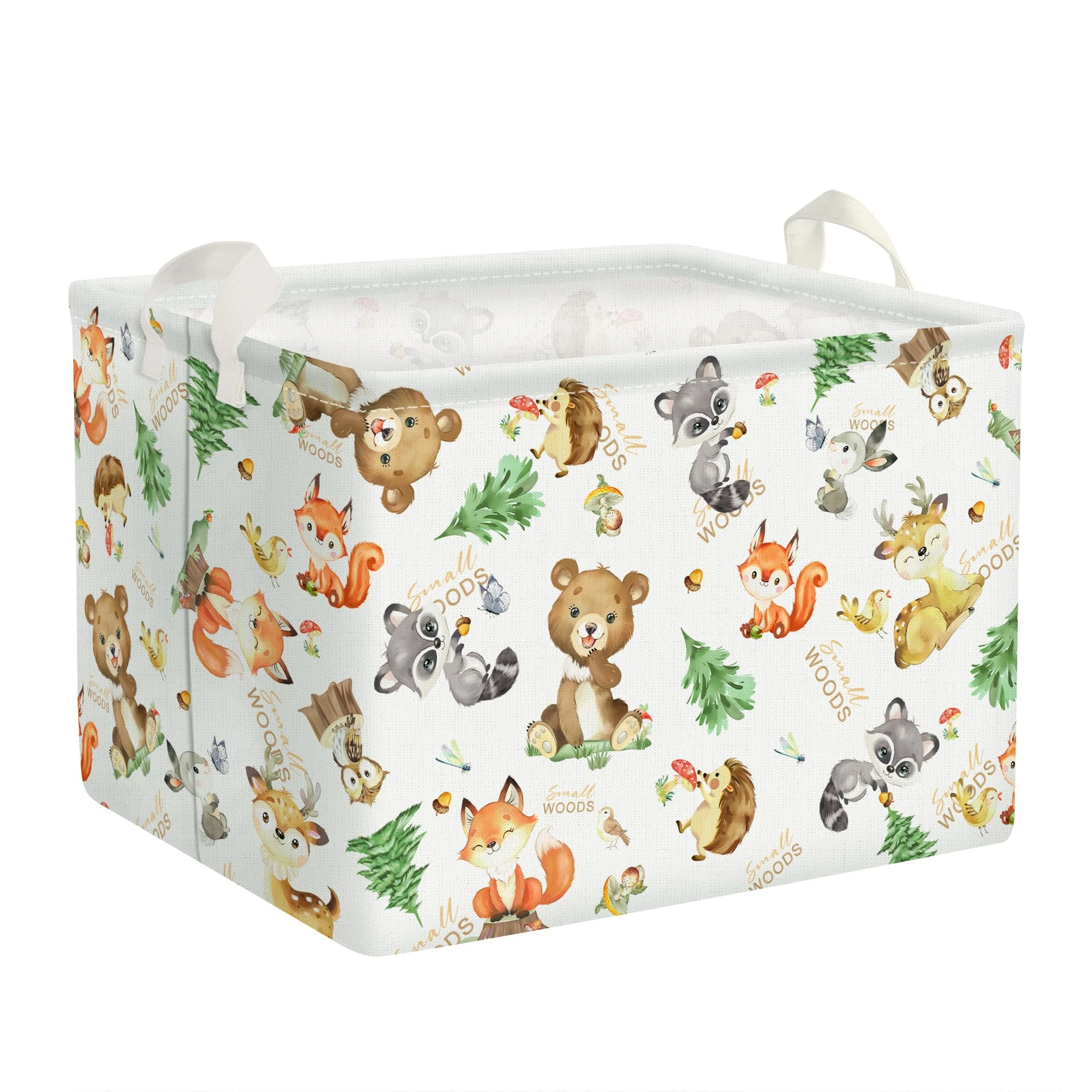 Clastyle White Woodland Animals Kids Toy Storage Basket Bear Fox Squirrel Clothes Books Toys Box for Boy Girl, 36L