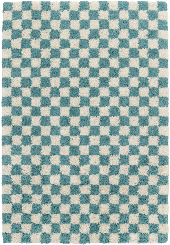BALTA Shaggy Checkerboard Pattern Rug, Rectangular Rug for the Living Room - Bedroom, Soft and Comfortable, Easy Care, Pile Height 30 mm, Polypropylene, 160 x 230 cm, Turquoise
