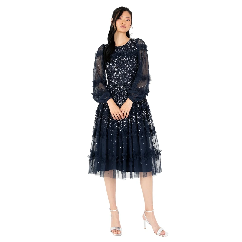 Maya Deluxe Womens Midi Ladies Long Sleeve Sequin Embellished Ruffle for Wedding Guest Bridesmaid Occasion Evening Ball Gown Dress, Navy, 18 UK