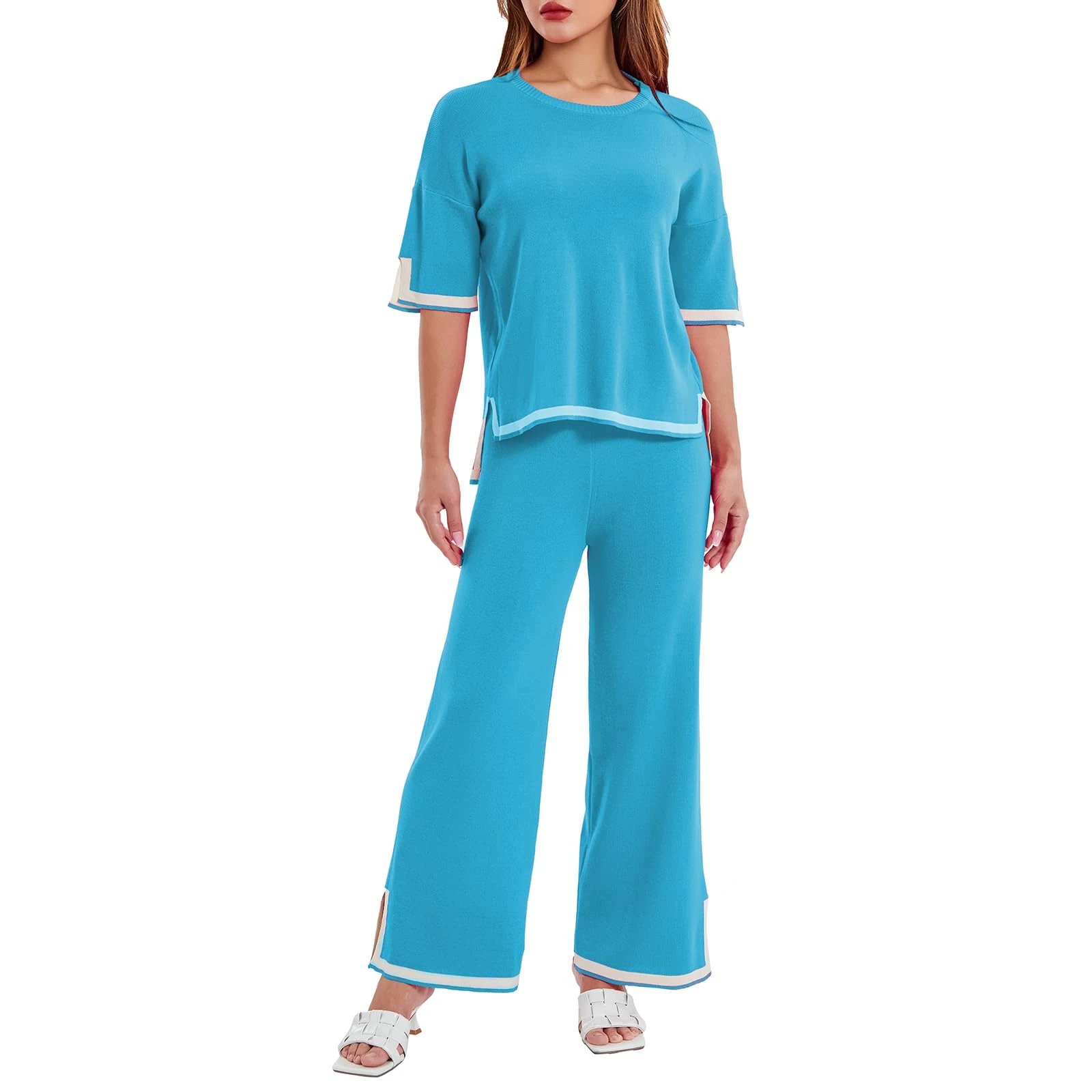 Geagodelia Women's Two Piece Outfit Ladies Knit Co Ord Set Sweater Shirt Top + Wide Leg Trousers Y2k Aesthetic Clothes Tracksuit Lounge Wear UK (Short Sleeve - Blue, M)