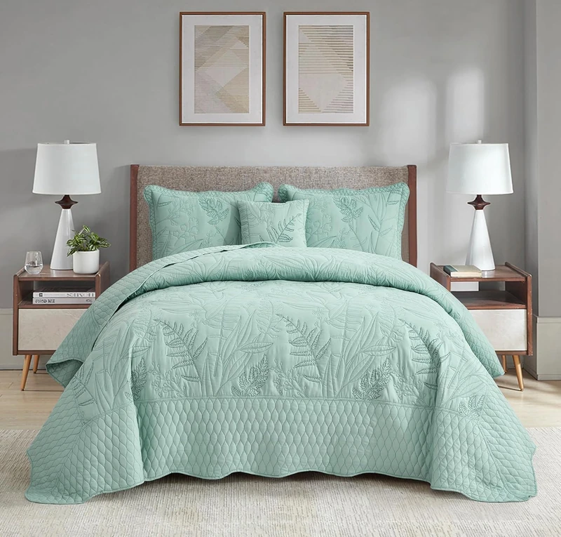 DaisyHuang Botanical Oversized Bedspread King Size - Leaves Pattern Stitching Quilt Set - Elegant & Fresh Style Bedding Coverlets, Reversible, Lightweight, 5 Piece, Seaglass