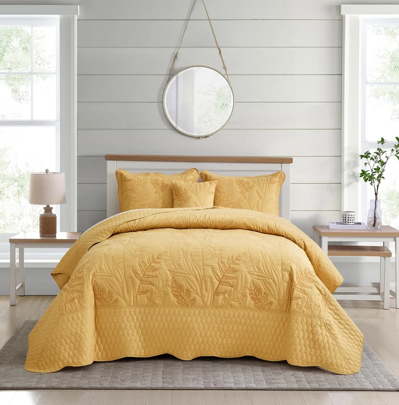DaisyHuang Botanical Oversized Bedspread King Size - Leaves Pattern Stitching Quilt Set - Elegant & Fresh Style Bedding Coverlets, Reversible, Lightweight, 4 Piece, Honey Gold