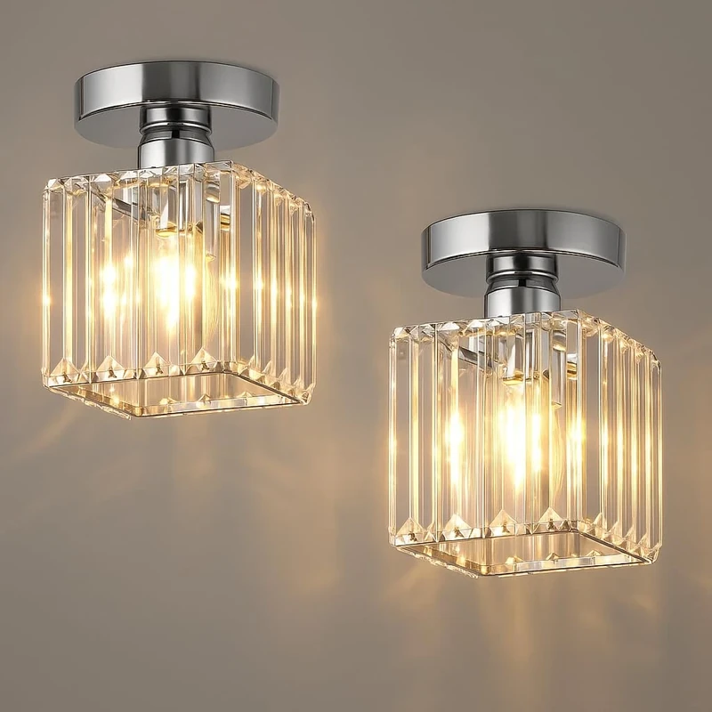 LEDSone 2 Pack Modern Crystal Chandeliers Ceiling Light Crystal Chandelier with Glass Shade Ceiling Lights Living Room,Hallway Ceiling Light Fitting Flush Ceiling Lamp for Hall, Bathroom, Chrome