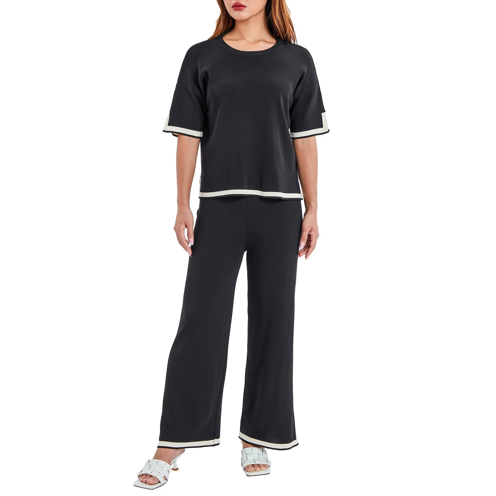 Geagodelia Women's Two Piece Outfit Ladies Knit Co Ord Set Sweater Shirt Top + Wide Leg Trousers Y2k Aesthetic Clothes Tracksuit Lounge Wear UK (Short Sleeve - Black, M)