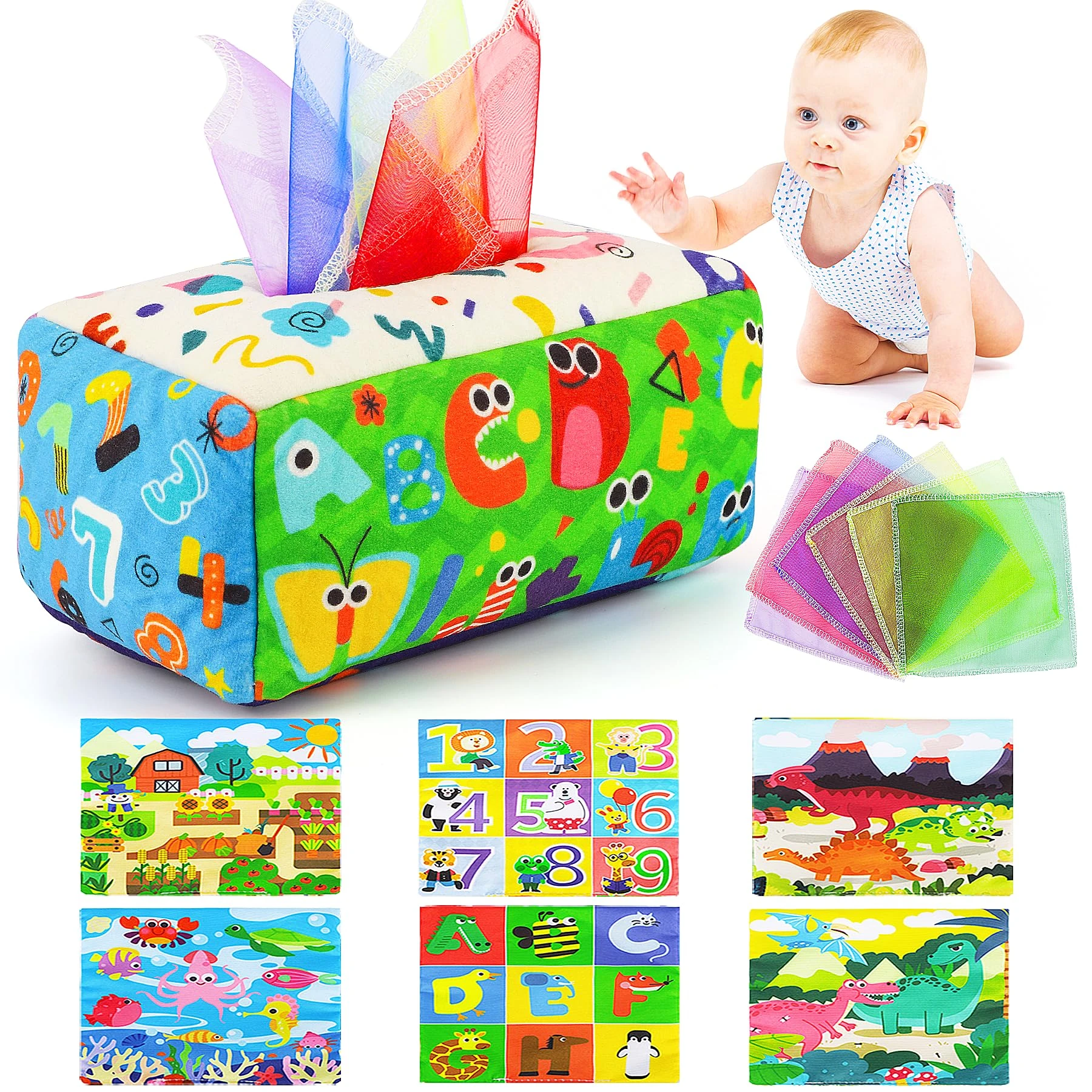 URMYWO Baby Toys 6 to12 Months, Baby Tissue Box Toy, Sensory Toys for Babies, Toys for 1 Year Old Boy Girl, Soft Crinkle for Infant Toddlers, Stocking Stuffers, Baby Boy Girl Gifts