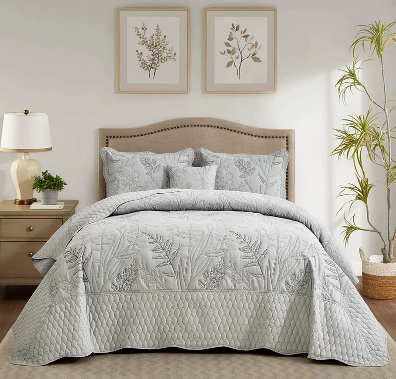 DaisyHuang Botanical Oversized Bedspread King Size - Leaves Pattern Stitching Quilt Set - Elegant & Fresh Style Bedding Coverlets, Reversible, Lightweight, 4 Piece, Grey