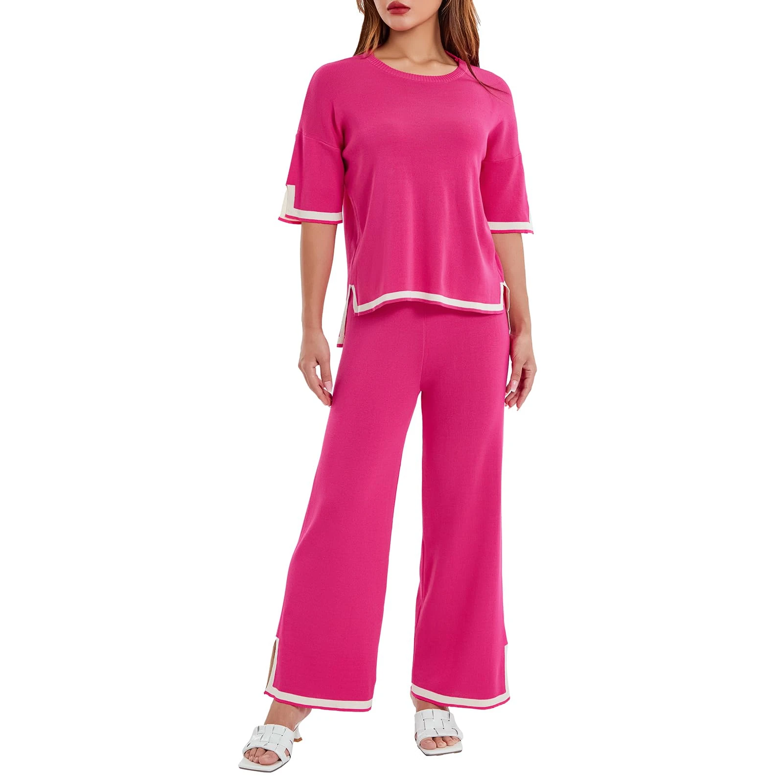 Geagodelia Women's Two Piece Outfit Ladies Knit Co Ord Set Sweater Shirt Top + Wide Leg Trousers Y2k Aesthetic Clothes Tracksuit Lounge Wear UK (Short Sleeve - Rose, M)
