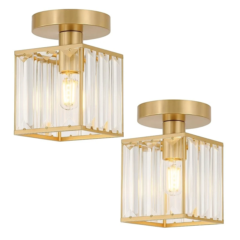 LEDSone 2 Pack K9 Crystal Cube Ceiling Light 13x13 cm Shade Modern Gold Semi Flush Mount Fixture Small Chandelier for Entryway, Hallway, Bedroom, Kitchen