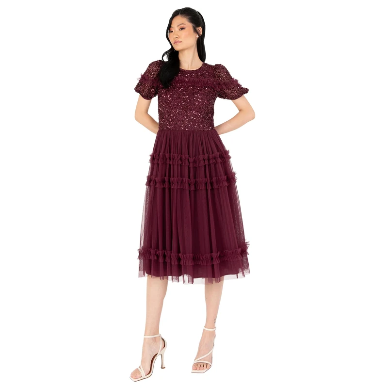 Women's Midi Dress Ladies Sequin Embellished Short Sleeve Ruffle for Wedding Guest Bridesmaid Occasion Evening Ball Gown, Wine, 20