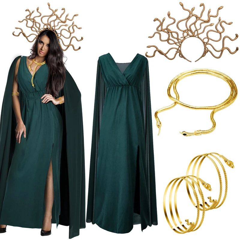 Bonuci Halloween Women Medusa Snake Costume Medusa Outfit Greek Queen Costume Necklace Headband for Halloween Cosplay, Green, XL