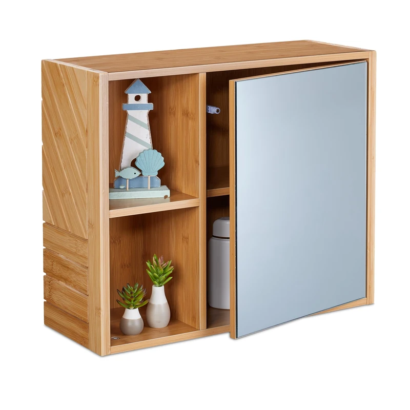 Relaxdays Mirror Bathroom Cabinet, 2 Open Compartments, Storage Space with Door, HxWxD: 45 x 54.5 x 20 cm, Natural, Bamboo