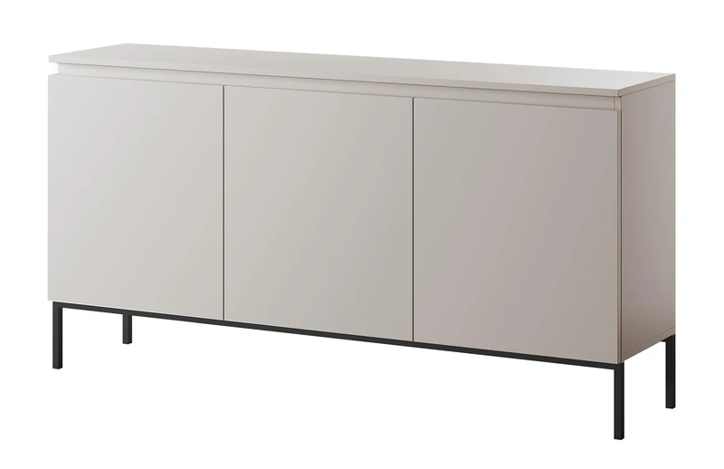 SELSEY Bemmi Sideboard 150x35x75.5 cm, Minimalist Kashmir Taupe Grey Chest of Drawers with 3 Doors, Handle-Free Design, Steel Legs, Modern Chester Drawers for Bedroom, 6 Shelves