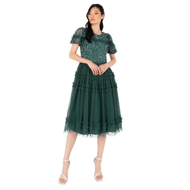 Maya Deluxe Women's Midi Dress Ladies Sequin Embellished Short Sleeve Ruffle for Wedding Guest Bridesmaid Occasion Evening Ball Gown, Emerald Green, 24