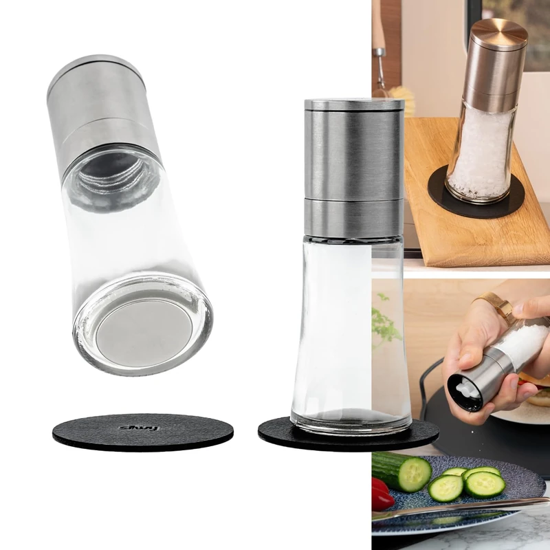 silwy GM-SP-4 Spice Mills with Magnets, Set of 2 with Adjustable Ceramic Grinder Including 2 Metal Nano Gel Pads, Glass, Neutral