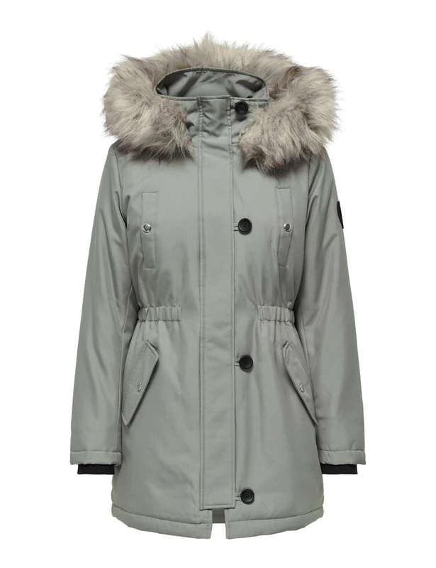 ONLY Female Long Parka Hood with Removable Faux Fur Trim Ribbed Cuffs Parka, shadow, S