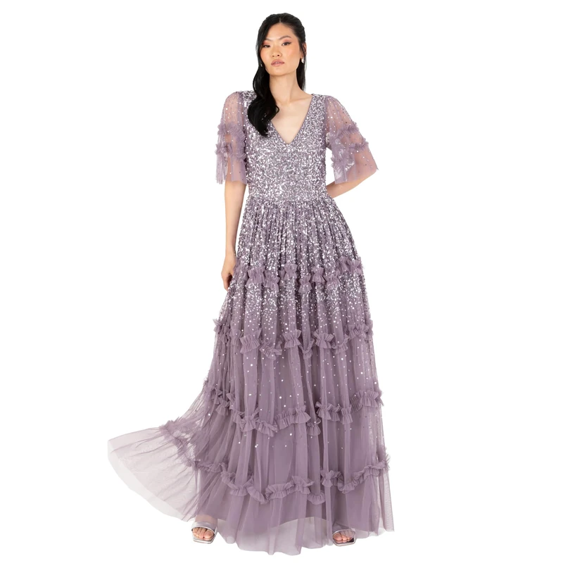 Maya Deluxe Women's Maxi Dress Ladies V-Neck Sequin Embellished Ruffle Detail for Wedding Guest Bridesmaid Prom Occasion Ball Gown, Moody Lilac, 28 - Image 1