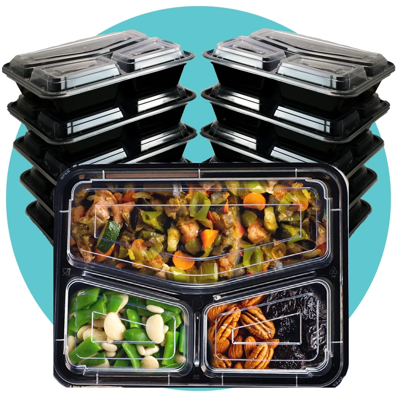 Triplast 200 x Meal Prep Containers (3 Compartment, 33oz) - Microwave, Freezer & Dishwasher Safe – BPA Free, Reusable, Leakproof & Stackable Food Storage Bento Lunch Boxes for Home, Office & School