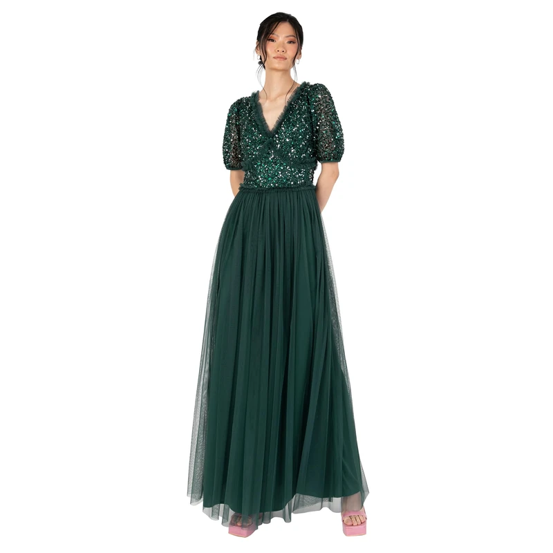 Maya Deluxe Women's Maxi Dress Ladies V-Neck Short Sleeve Sequin Embellished Tulle Ruffle for Wedding Guest Bridesmaid Ball Gown Dresses, Emerald Green