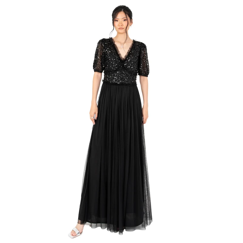 Maya Deluxe Women's Maxi Dress Ladies V-Neck Short Sleeve Sequin Embellished Tulle Ruffle for Wedding Guest Bridesmaid Ball Gown Dresses, Black