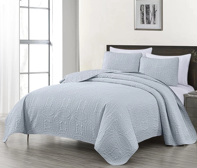 Chezmoi Collection Austin King 3 Piece Quilt Set with Pinsonic Oversized Quilted Bedspread Set, King, Silver