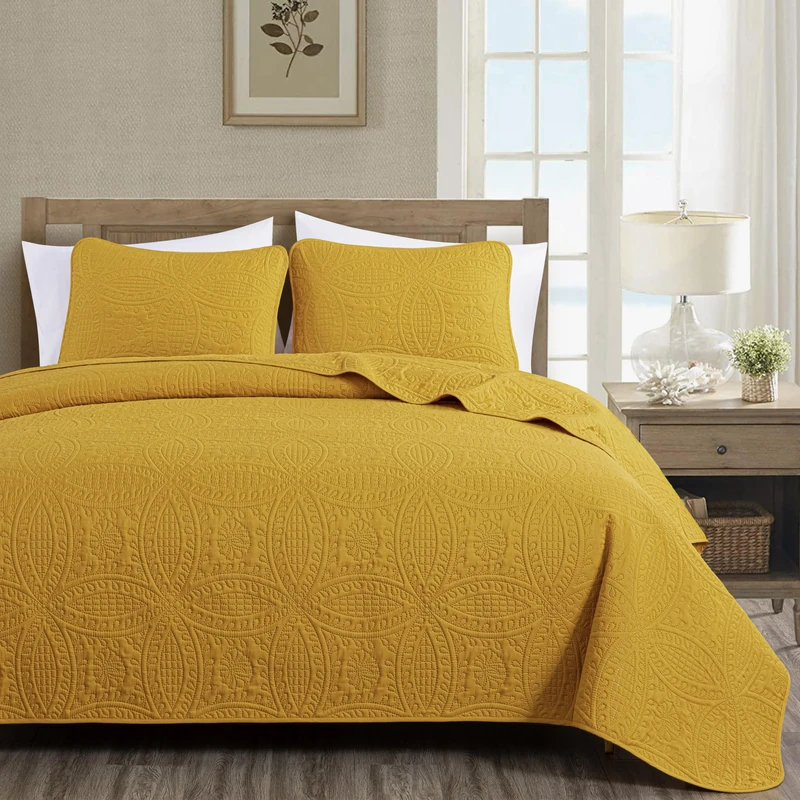 Chezmoi Collection Austin Queen Bedspread Set 3-Piece Pinsonic Quilted Oversized Bedspread Coverlet Set, Queen, Mustard - Image 1