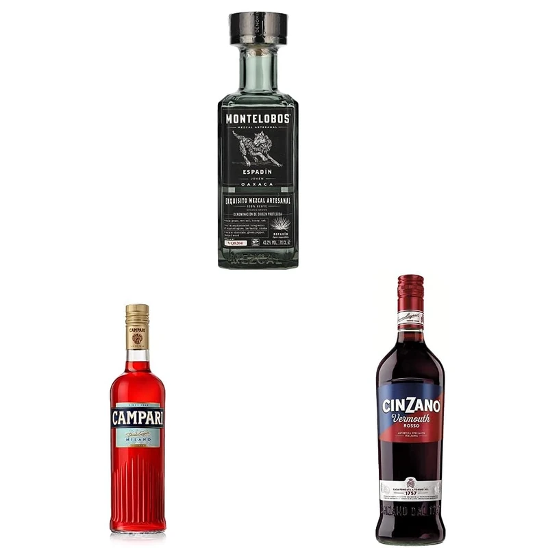 Montelobos Espadin Mezcal 70cl, Campari 70cl and Cinzano Rosso Vermouth 75cl