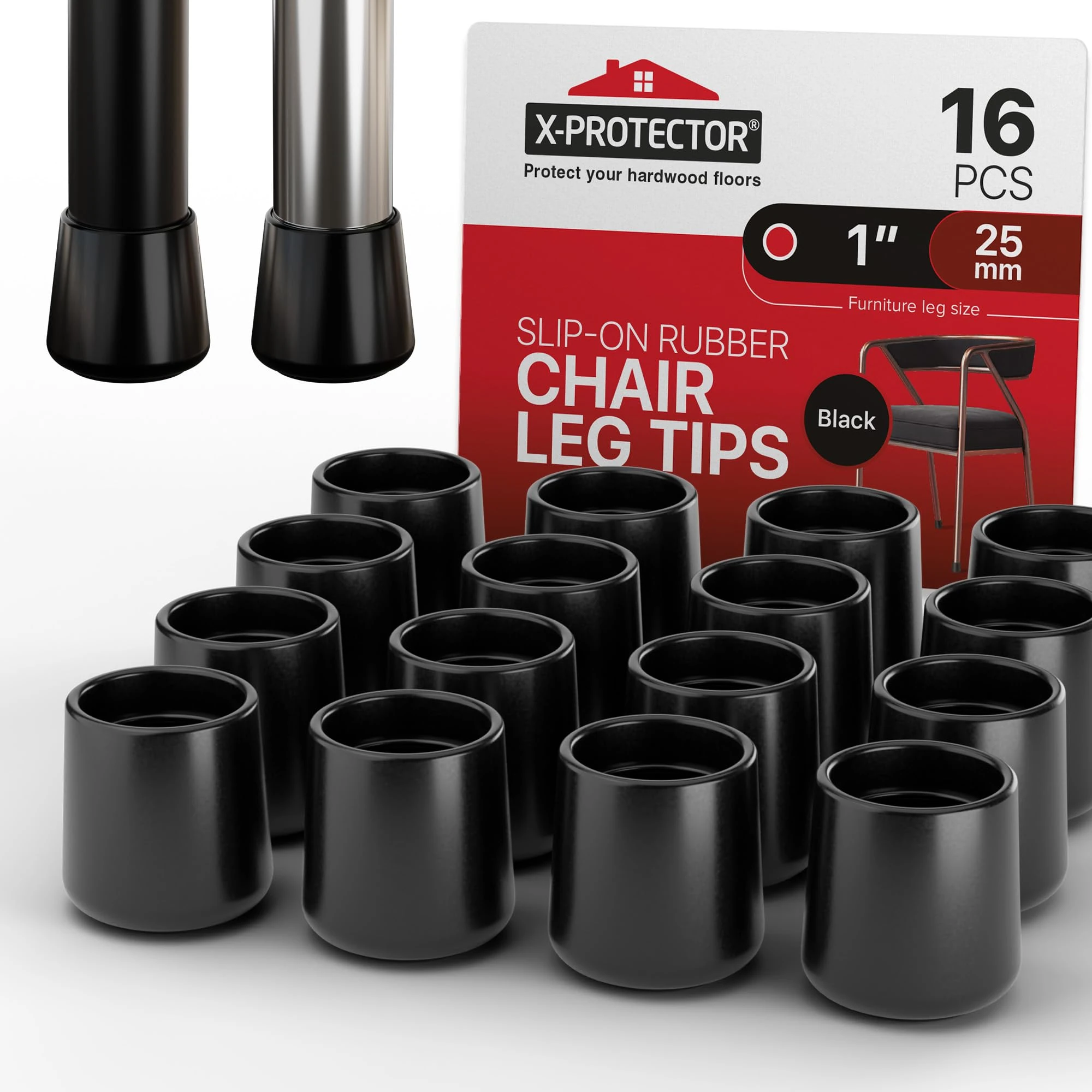 X-Protector Rubber Chair Leg Caps - 16 PCS 25mm Non-Slip Rubber Feet for Furniture - Black Chair Leg Covers - Keep Furniture in Place!