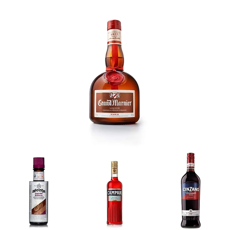 Grand Marnier Cordon Rouge 50cl, Chocolate Bitters 10cl, Campari 70cl and Cinzano Rosso Vermouth 75cl