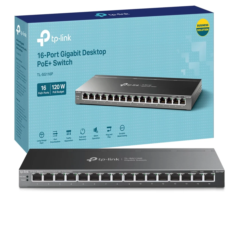 TP-Link TL-SG116P 16-Port Gigabit PoE+ Switch - 120W Fanless Metal