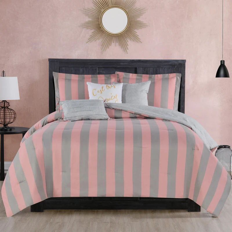Juicy Couture Cabana Stripe Reversible Bedding Set - Twin/Twin XL Size - Pink and Grey Stripe Print - 5 Piece Set - Includes 1 66 x 90 Comforter, 3 Decorative Pillows, 1 Sham