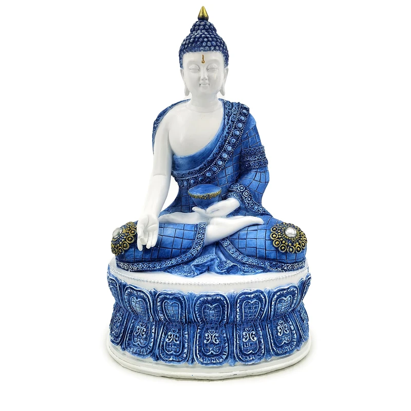 Puckator White & Blue Thai Buddha Lotus - Cute Room Decor - Aesthetic Feng Shui Meditation Accessories - Garden Ornaments - Shelf Desk Decorations - Mindfulness Home Gifts - Statues