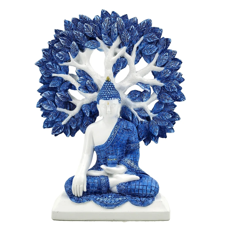 Puckator White & Blue Thai Buddha Tree of Life - Cute Room Decor - Aesthetic Feng Shui Meditation Accessories - Garden Ornaments - Shelf Desk Decorations - Mindfulness Home Gifts - Statues