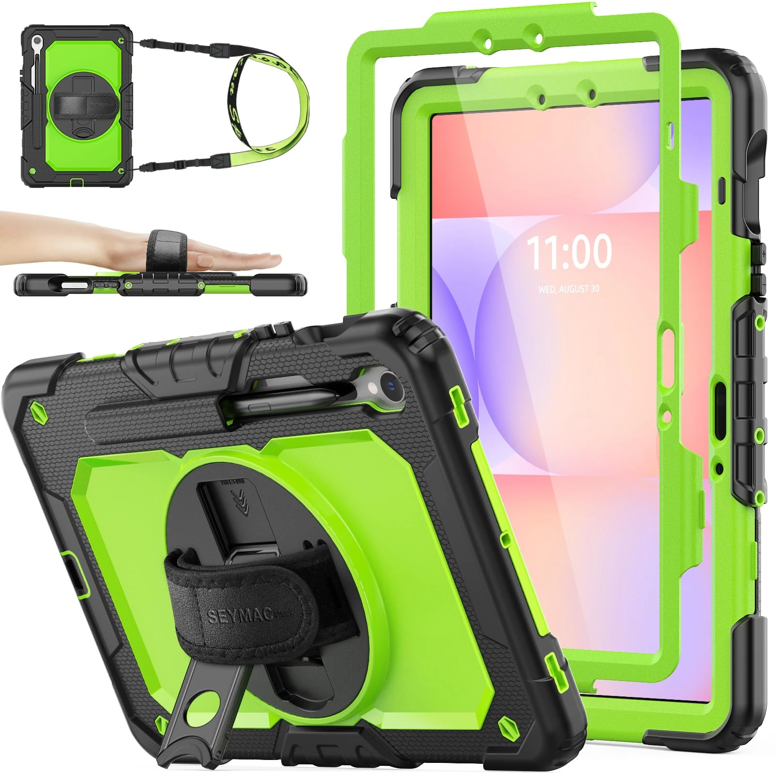 SEYMAC stock Case for Samsung Galaxy Tab S10 Lite/ S10 FE/ S9 FE 10.9 inch/ S9 11 inch, Full-body Shockproof with Screen Protector, 360° Rotating Stand/Hand Strap, Pen Holder & Shoulder Strap, Green
