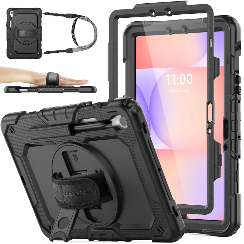 SEYMAC stock Case for Samsung Galaxy Tab S10 Lite/ S10 FE/ S9 FE 10.9 inch/ S9 11 inch, Full-body Shockproof with Screen Protector, 360° Rotating Stand/Hand Strap, Pen Holder & Shoulder Strap, Black