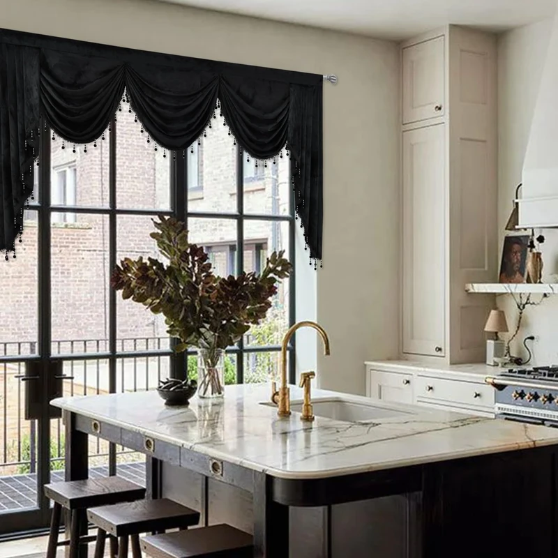 JADE POKE Velvet Waterfall Valance for Bedroom, Black Beads Valance for Window - Swag Valances for Living Room Rod Pocket Valances with Tassels for Kitchen (1 Panel, Black, W89 Inch) - Image 1