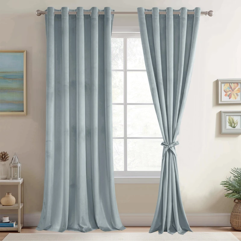 JIUZHEN Stone Blue Velvet Curtains 108 inches Blackout Curtains for Living Room - Privacy Protect Room Darkening Grommet Thick Velvet Window Drapes for Bedroom, Set of 2 with Tiebacks, 60W x 108L