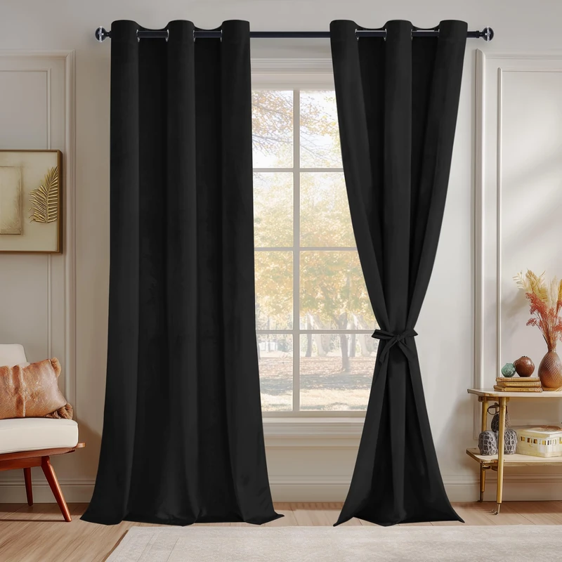 JIUZHEN Black Velvet Curtains 108 inches Blackout Curtains for Living Room - Privacy Protect Room Darkening Grommet Thick Velvet Window Drapes for Bedroom, Set of 2 with Tiebacks, 42W x 108L