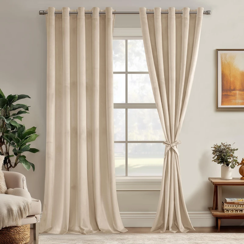 JIUZHEN Beige Velvet Curtains 108 inches for Living Room - Privacy Protect Room Darkening Grommet Thick Velvet Window Drapes for Bedroom, Set of 2 with Tiebacks, 60W x 108L